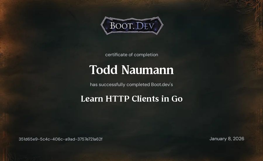 Todd Naumann's Boot.dev Learn HTTP Clients in Go certificate