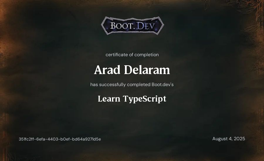 Arad Delaram's Boot.dev Learn TypeScript certificate