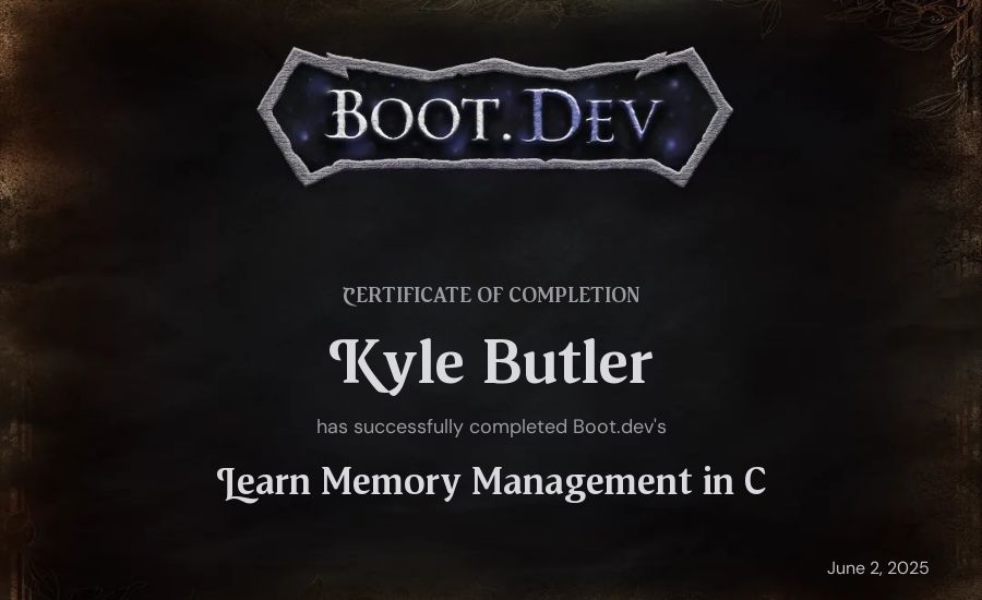 Kyle Butler's Boot.dev Learn Memory Management in C certificate