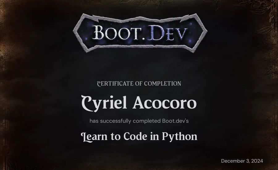 Cyriel Acocoro's Boot.dev Introduction to Python Course certificate