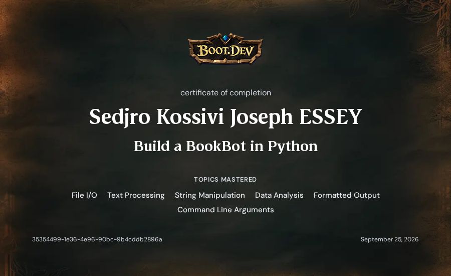Sedjro Kossivi Joseph ESSEY's Boot.dev Build a BookBot in Python certificate