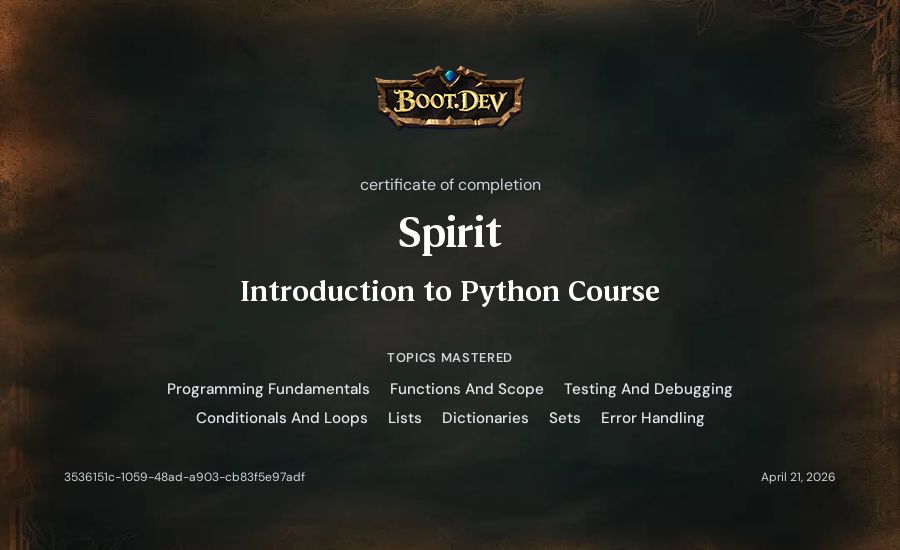Spirit's Boot.dev Introduction to Python Course certificate