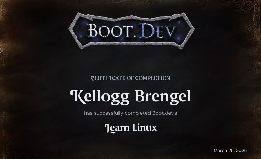 Kellogg Brengel's Boot.dev Learn Linux certificate