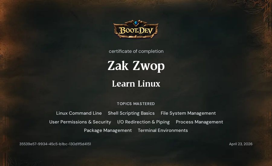 Zak Zwop's Boot.dev Learn Linux certificate
