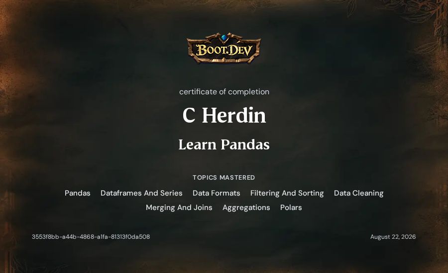 C Herdin's Boot.dev Learn Pandas certificate