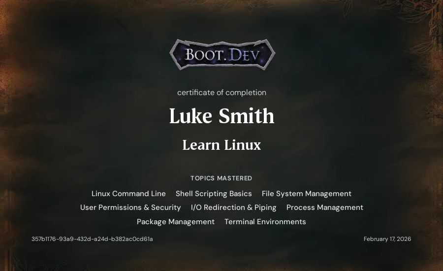 Luke Smith's Boot.dev Learn Linux certificate