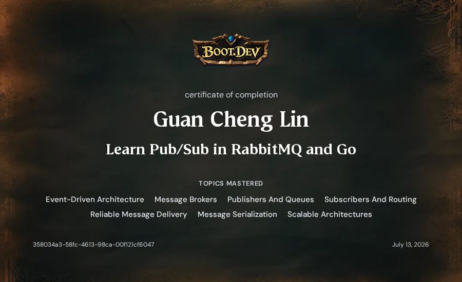 Guan Cheng Lin's Boot.dev Learn Pub/Sub in RabbitMQ and Go certificate