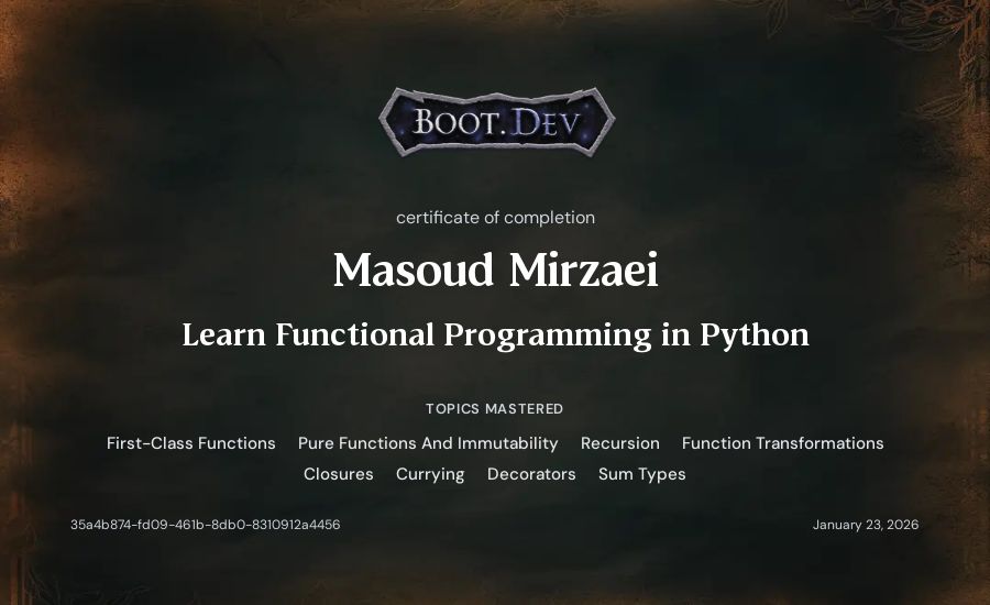Masoud Mirzaei's Boot.dev Learn Functional Programming in Python certificate