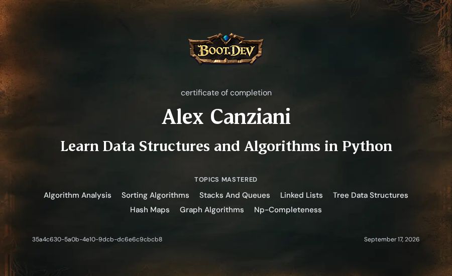 Alex Canziani's Boot.dev Learn Data Structures and Algorithms in Python certificate