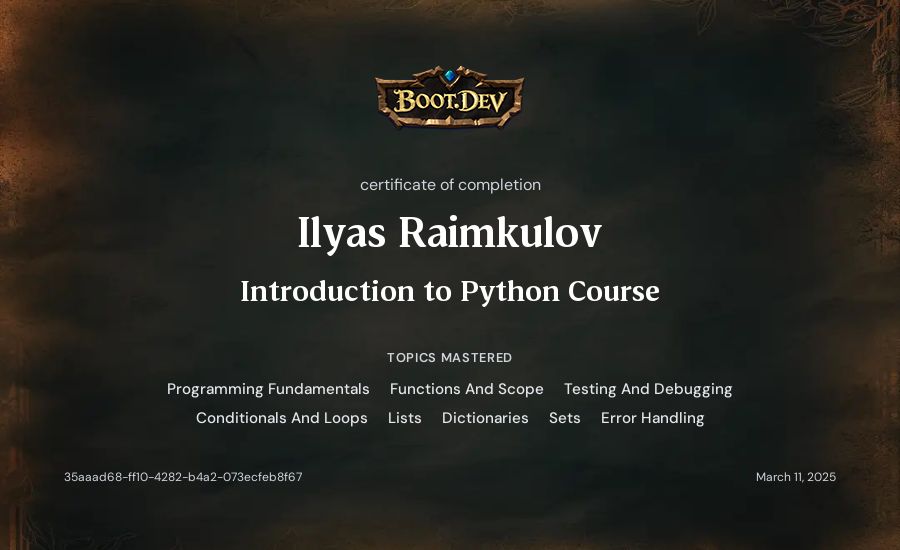 Ilyas Raimkulov's Boot.dev Introduction to Python Course certificate