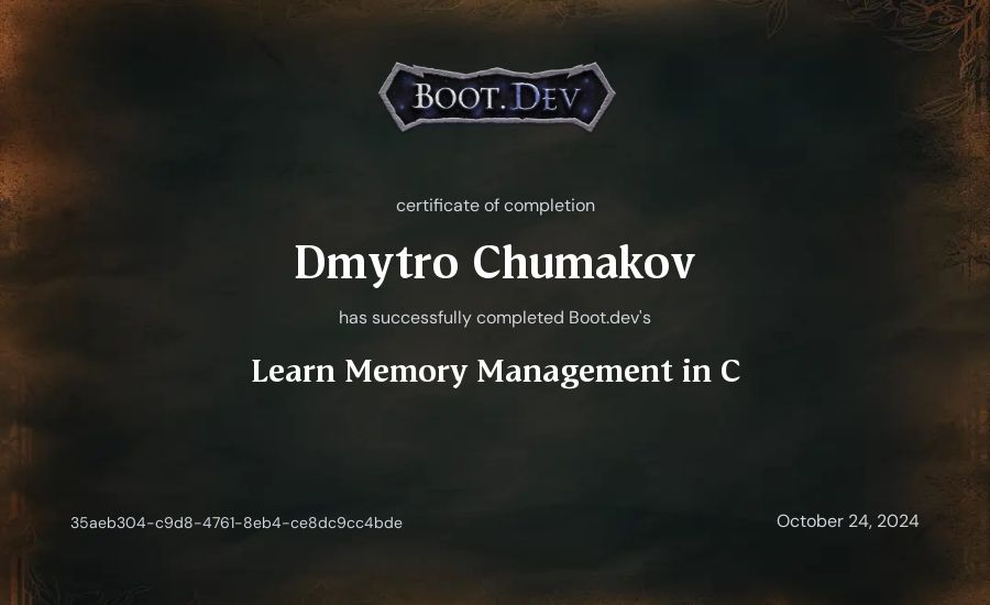 Dmytro Chumakov's Boot.dev Learn Memory Management in C certificate