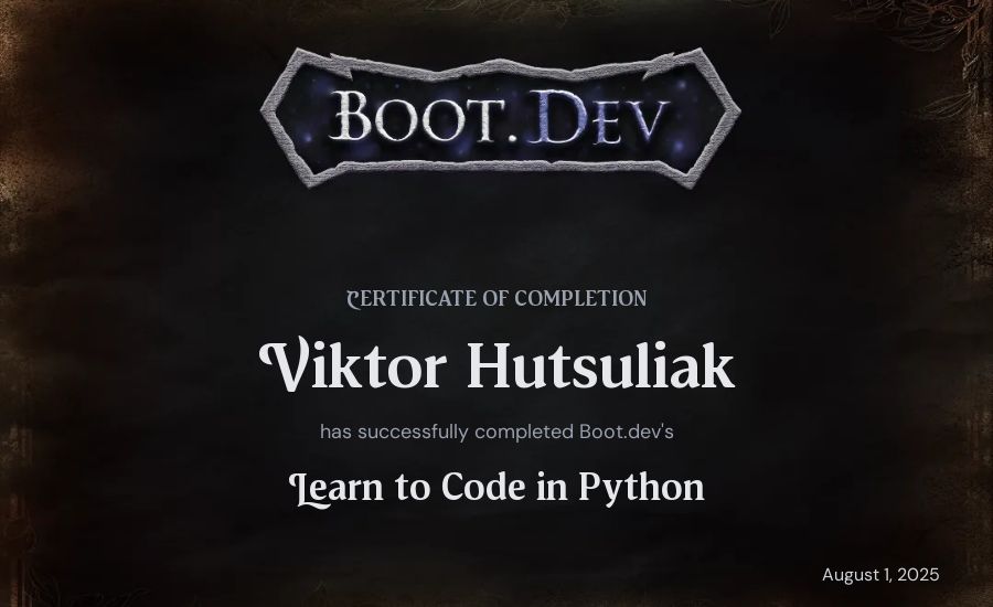 Viktor Hutsuliak's Boot.dev Introduction to Python Course certificate