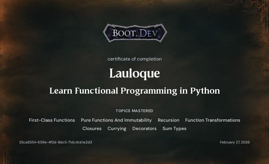 Lauloque's Boot.dev Learn Functional Programming in Python certificate