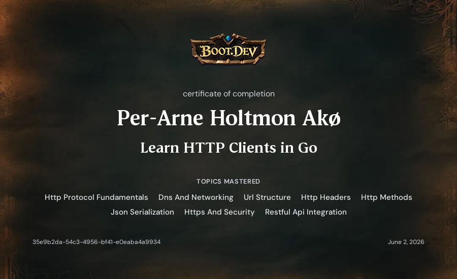 Per-Arne Holtmon Akø's Boot.dev Learn HTTP Clients in Go certificate