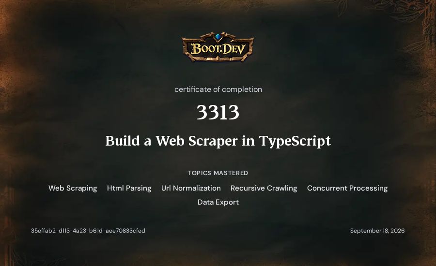 3313's Boot.dev Build a Web Scraper in TypeScript certificate
