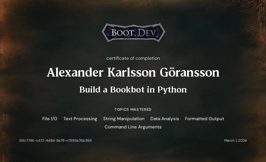 Alexander Karlsson Göransson's Boot.dev Build a BookBot in Python certificate