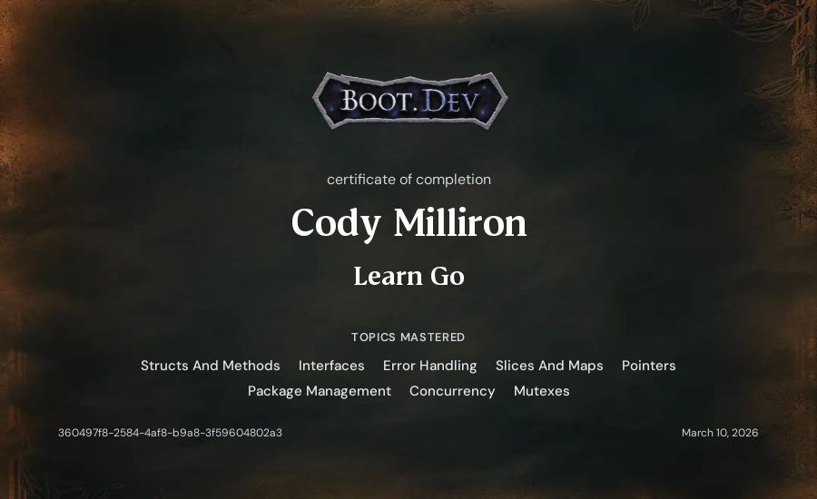 Cody Milliron's Boot.dev Learn Go certificate