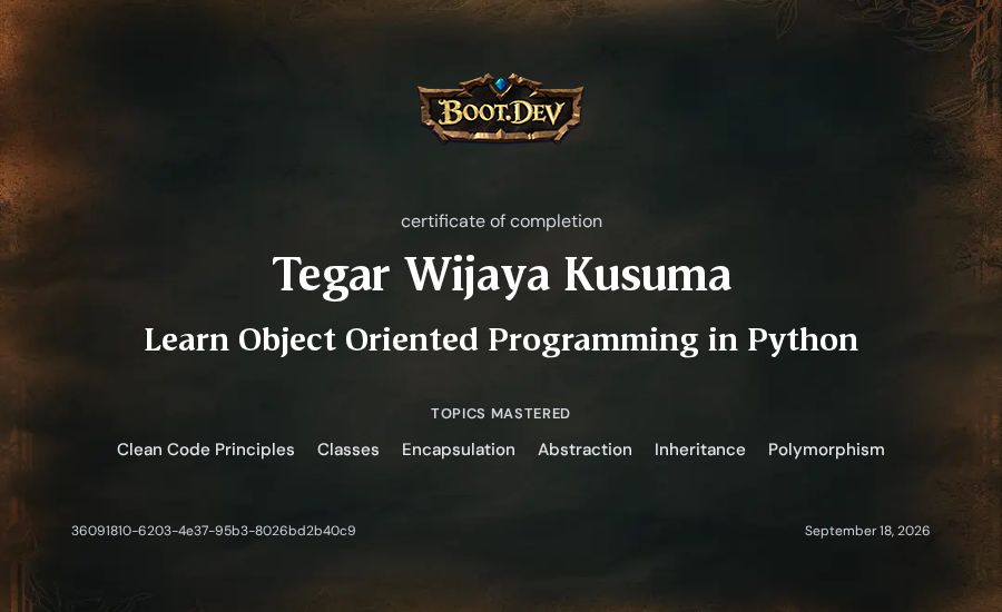 Tegar Wijaya Kusuma's Boot.dev Learn Object Oriented Programming in Python certificate