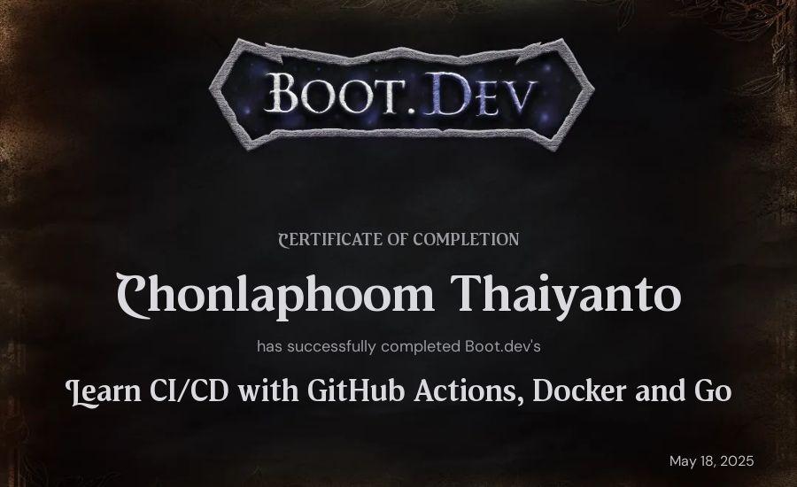 Chonlaphoom Thaiyanto's Boot.dev Learn CI/CD with GitHub Actions, Docker and Go certificate