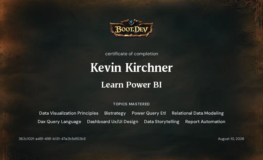 Kevin Kirchner's Boot.dev Learn Power BI certificate