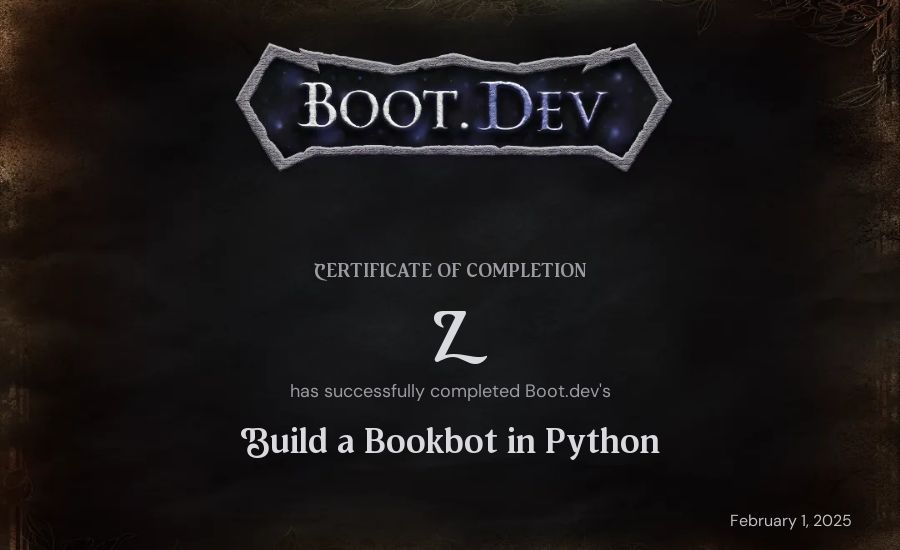 Zachary Whiteley's Boot.dev Build a BookBot in Python certificate