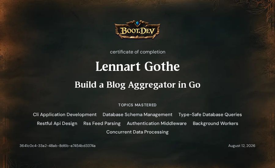 Lennart Gothe's Boot.dev Build a Blog Aggregator in Go certificate