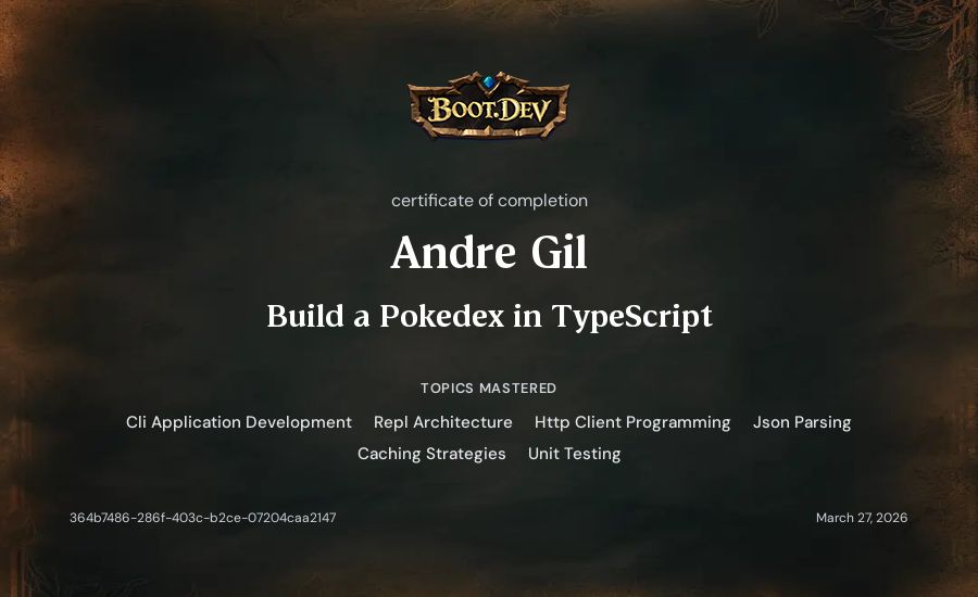Thomas Gil's Boot.dev Build a Pokedex in TypeScript certificate