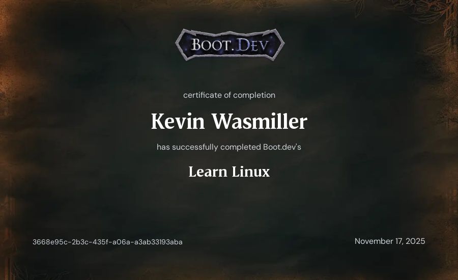 Kevin Wasmiller's Boot.dev Learn Linux certificate