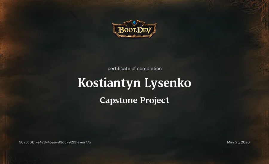 Kostiantyn Lysenko's Boot.dev Capstone Project certificate