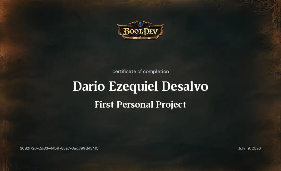 Dario Ezequiel Desalvo's Boot.dev First Personal Project certificate
