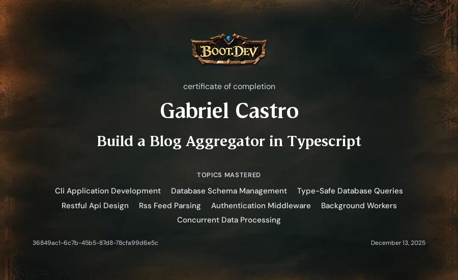 Gabriel Castro's Boot.dev Build a Blog Aggregator in TypeScript certificate
