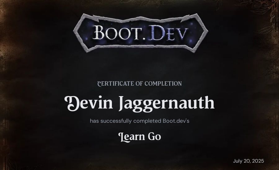Devin Jaggernauth's Boot.dev Learn Go certificate