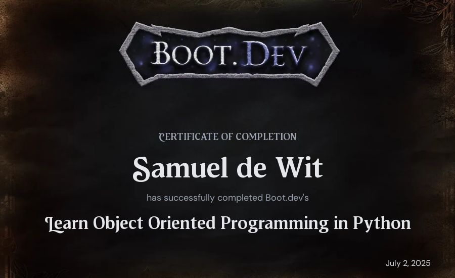 Samuel de Wit's Boot.dev Learn Object Oriented Programming in Python certificate