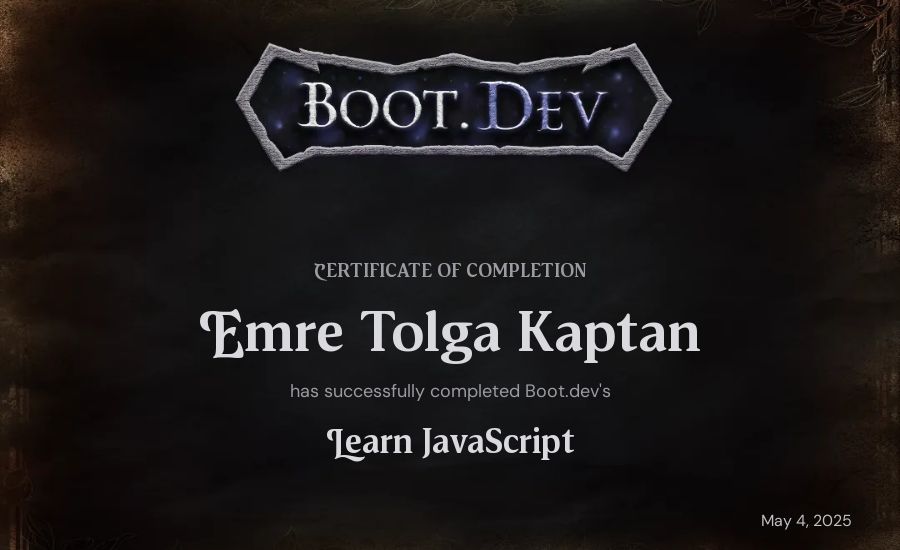 Emre Tolga Kaptan's Boot.dev Learn JavaScript certificate