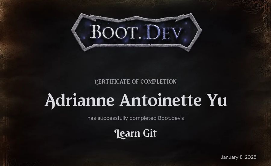 Adrianne Antoinette Yu's Boot.dev Learn Git certificate