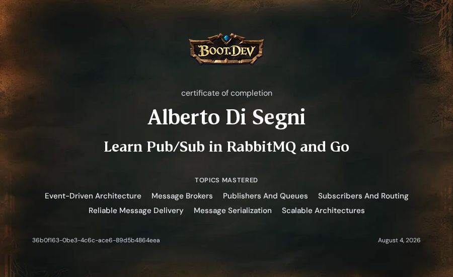 Alberto Di Segni's Boot.dev Learn Pub/Sub in RabbitMQ and Go certificate