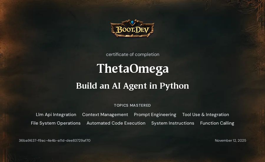 ThetaOmega's Boot.dev Build an AI Agent in Python certificate