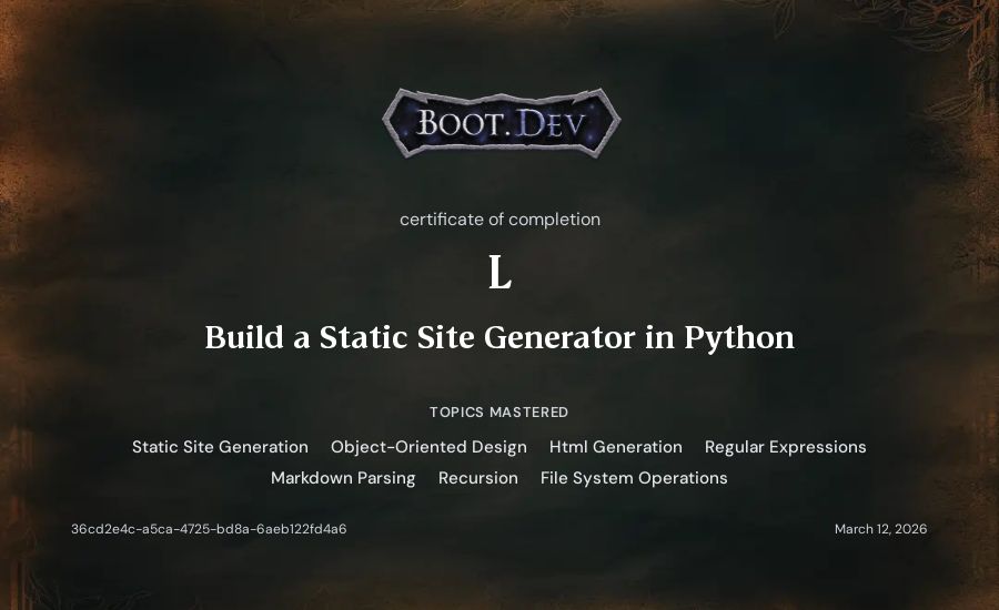 L's Boot.dev Build a Static Site Generator in Python certificate
