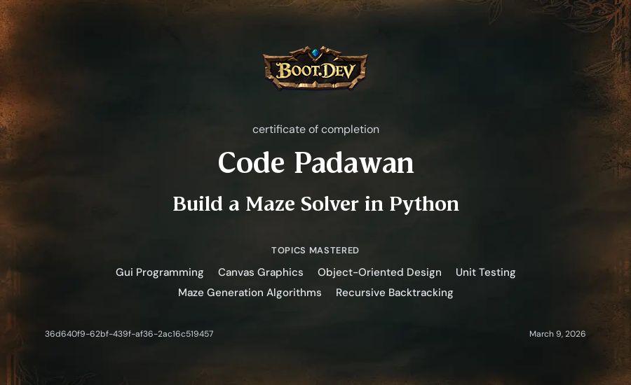 Code Padawan's Boot.dev Build a Maze Solver in Python certificate