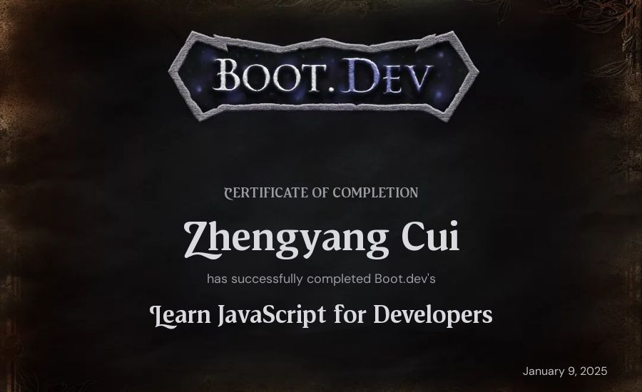 Zhengyang Cui's Boot.dev Learn JavaScript certificate