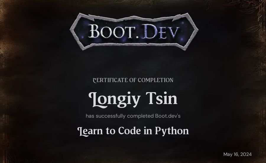 Longiy Tsin's Boot.dev Introduction to Python Course certificate
