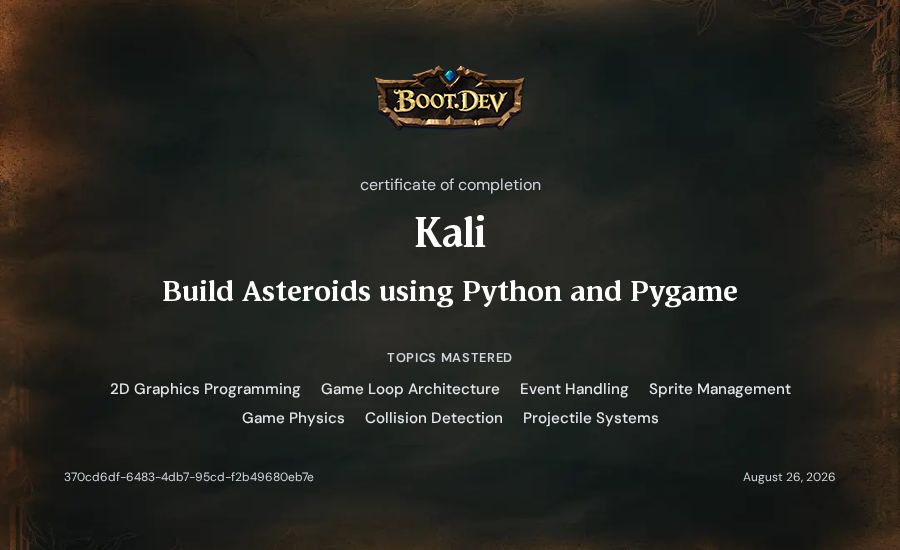 Kali's Boot.dev Build Asteroids using Python and Pygame certificate
