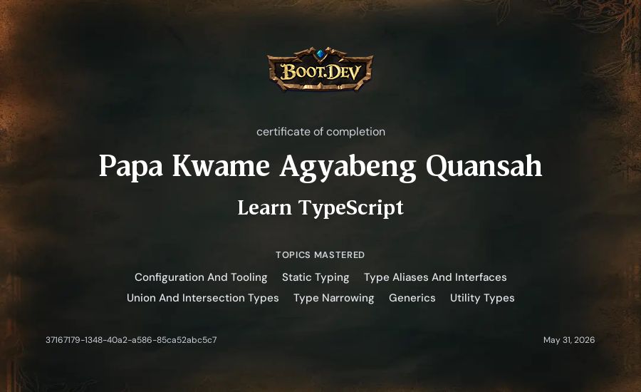 Papa Kwame Agyabeng Quansah's Boot.dev Learn TypeScript certificate