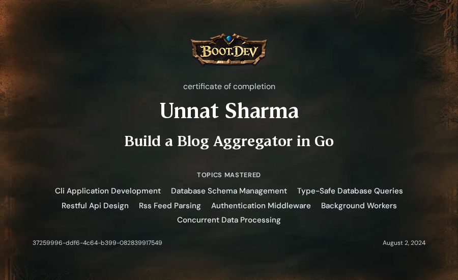 Unnat Sharma's Boot.dev Build a Blog Aggregator in Go certificate