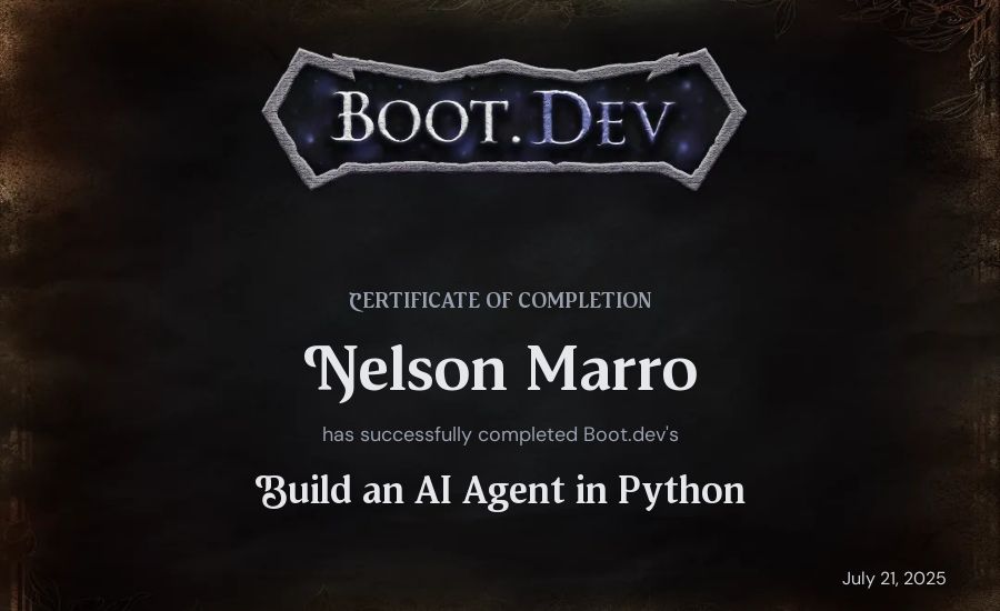 Nelson Marro's Boot.dev Build an AI Agent in Python certificate