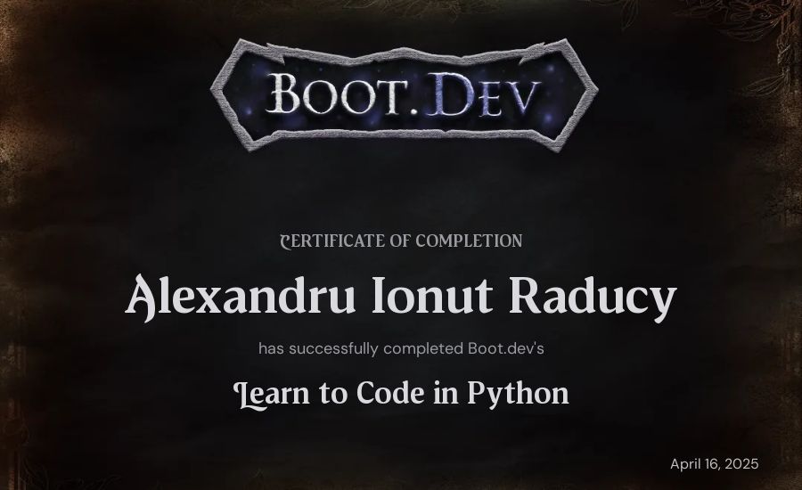 Alexandru Ionut Raducy's Boot.dev Introduction to Python Course certificate
