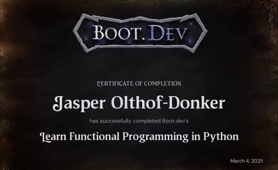 Jasper Olthof-Donker's Boot.dev Learn Functional Programming in Python certificate