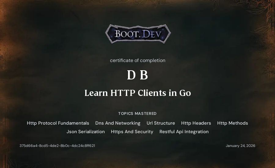 D B's Boot.dev Learn HTTP Clients in Go certificate