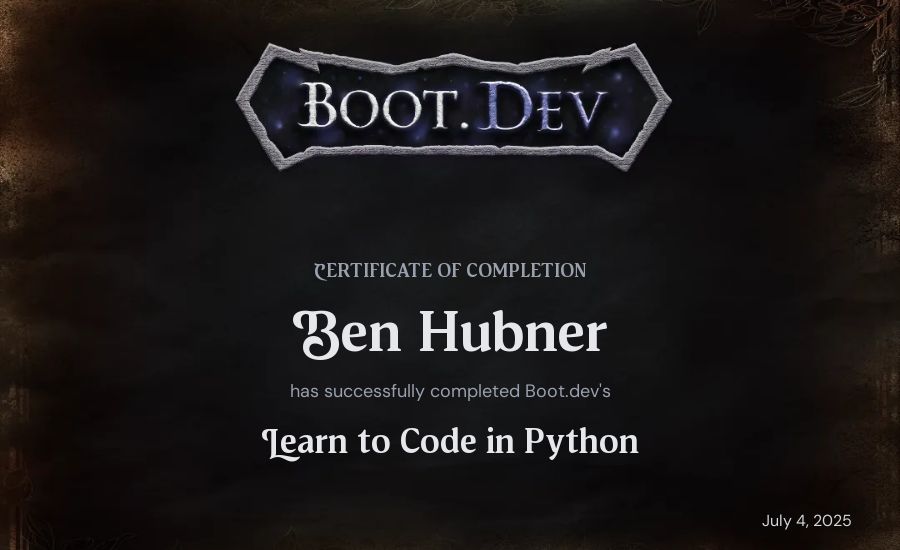 Ben Hubner's Boot.dev Introduction to Python Course certificate