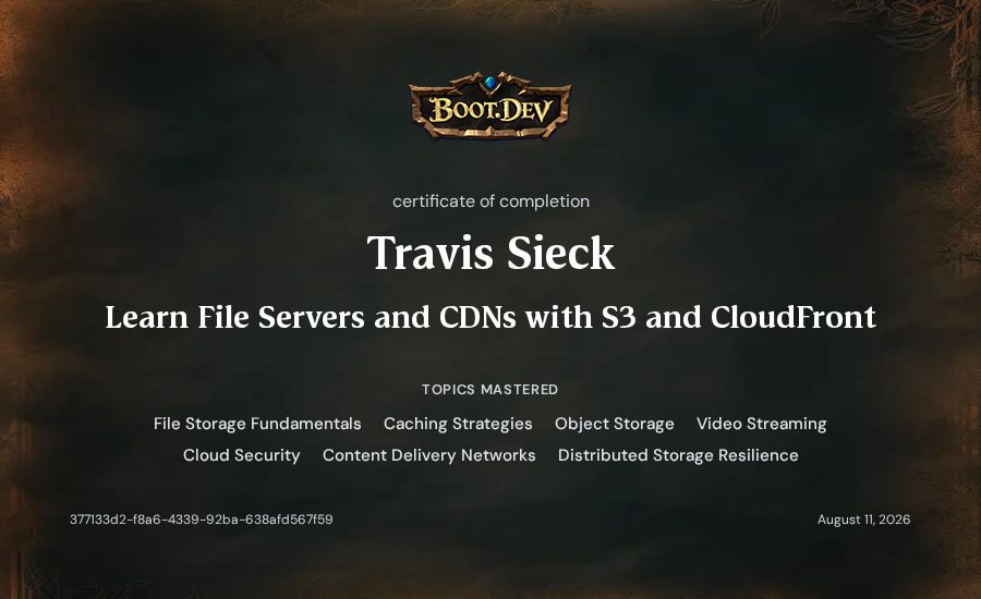 Travis Sieck's Boot.dev Learn File Servers and CDNs with S3 and CloudFront certificate